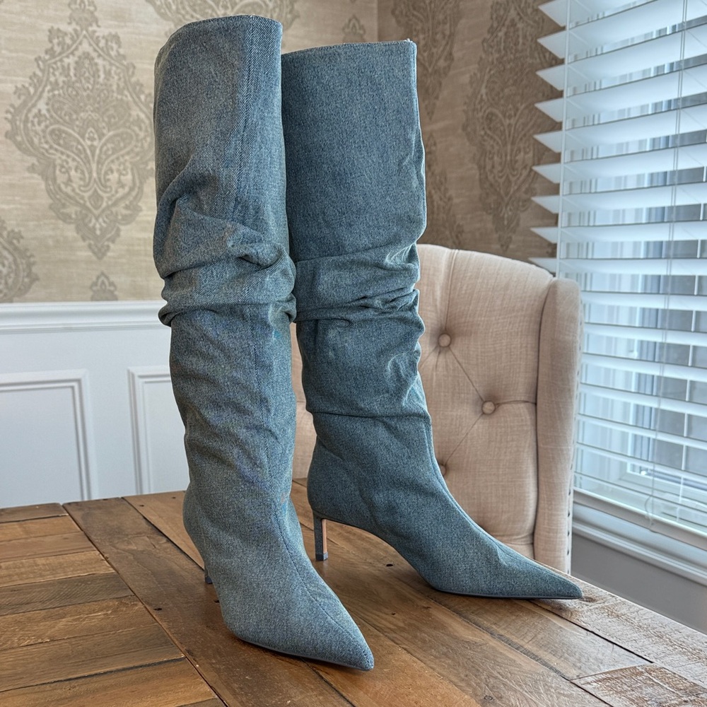 Zara Blue Knee-High Slouchy Denim Boots size 10.5 EU 41